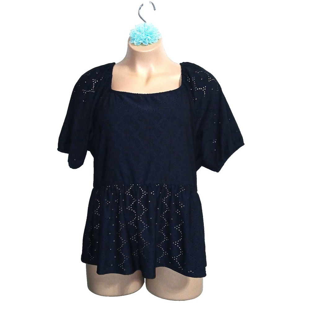 Lane Bryant Women Top 22 24 Navy Blue Eyelet Floral Peplum Peasant Cottage